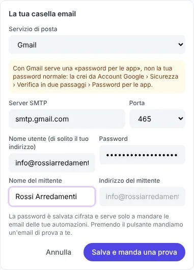 Il riquadro La tua casella email con il servizio Gmail scelto, l'avviso sulla password per le app e i campi server, porta, nome utente e password