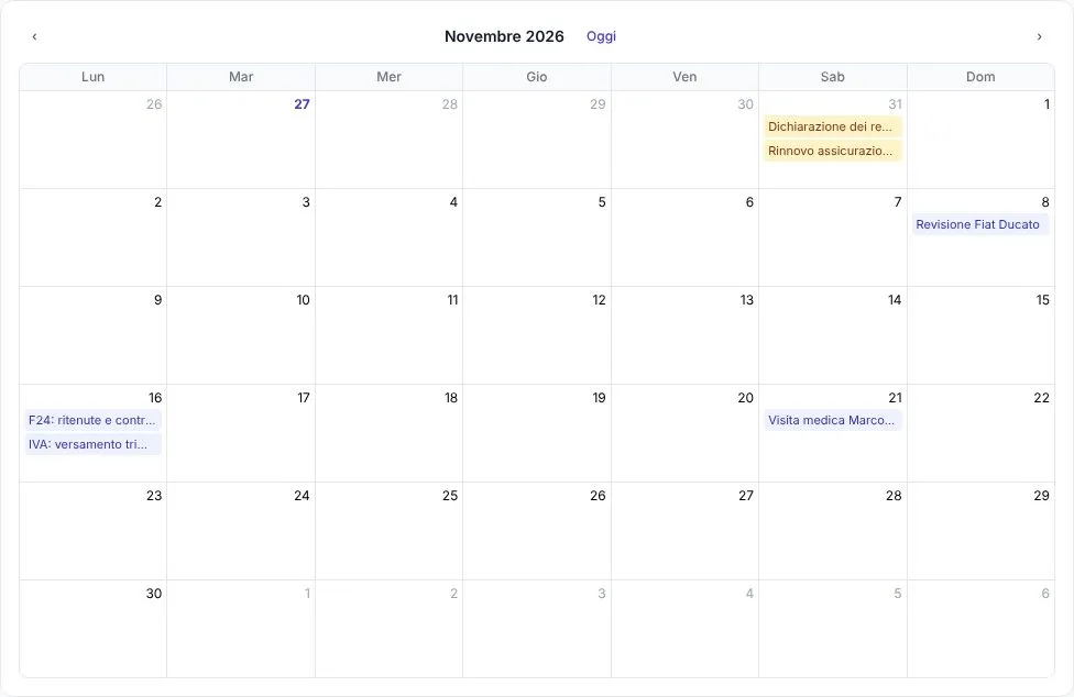 Lo Scadenzario a calendario di novembre 2026, con la dichiarazione dei redditi, il rinnovo dell'assicurazione, la revisione di un furgone, F24, IVA e la visita medica di un dipendente nei loro giorni