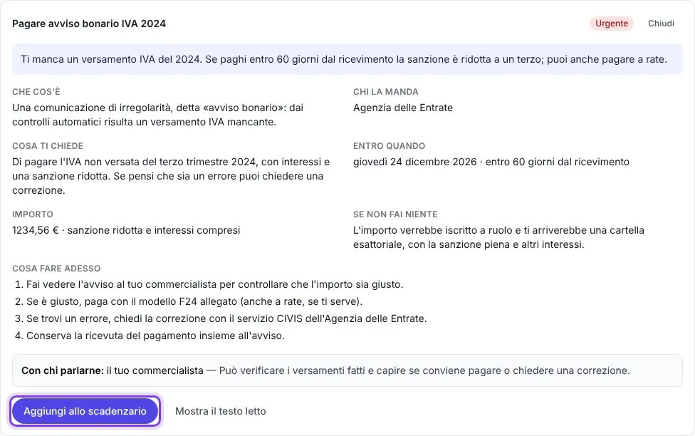 La spiegazione di un avviso bonario IVA: che cos'è, chi la manda (Agenzia delle Entrate), cosa ti chiede, entro quando, l'importo, cosa succede se non fai niente, quattro passi da fare, con chi parlarne e il pulsante Aggiungi allo scadenzario