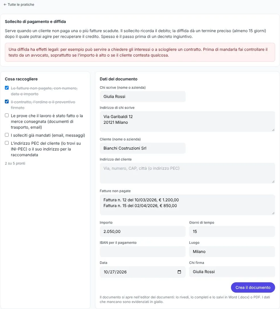 La pratica Sollecito di pagamento e diffida: a cosa serve, l'avviso di farla controllare da un avvocato, la lista Cosa raccogliere con due documenti spuntati, i dati del documento e il pulsante Crea il documento