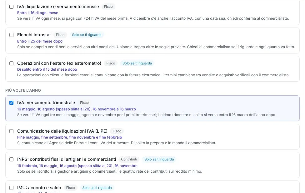 L'elenco delle scadenze tipiche da spuntare: IVA mensile, Intrastat, operazioni con l'estero, IVA trimestrale spuntata, LIPE e contributi INPS, ognuna con quando scade e una spiegazione, e l'etichetta Solo se ti riguarda