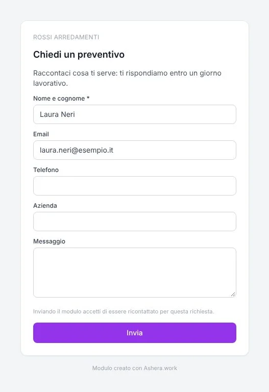Il modulo Contattaci come lo vede chi lo apre dal link: titolo, campi per nome, email, telefono e messaggio e il pulsante per inviare