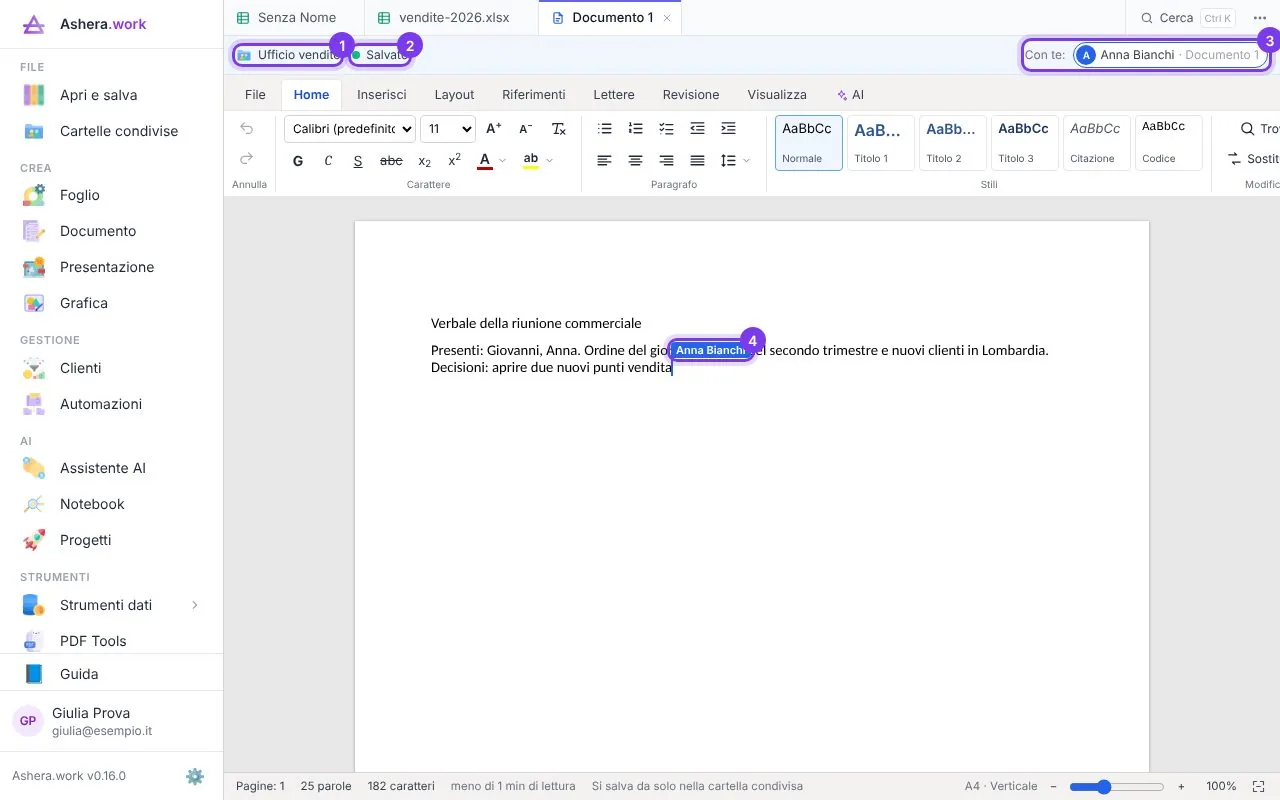 Un documento in una cartella condivisa di Ashera.work, con il cursore di una collega che sta scrivendo nello stesso momento