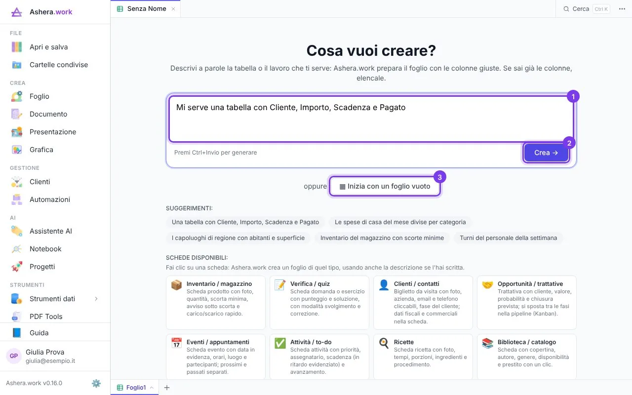 La schermata Cosa vuoi creare? di Ashera.work: si descrive a parole la tabella che serve e sotto ci sono le schede disponibili, come Pratiche / fascicoli e Clienti / contatti