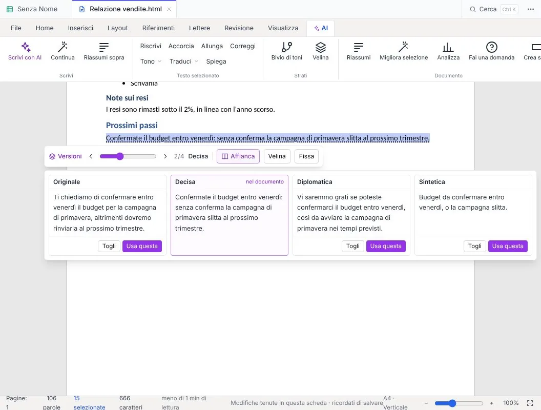 La barra Versioni sotto un paragrafo con lo slider e, sotto, le versioni Originale, Decisa, Diplomatica e Sintetica affiancate