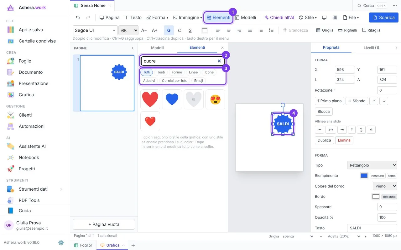 La libreria Elementi con la ricerca e forme, icone, adesivi ed emoji da trascinare sulla grafica