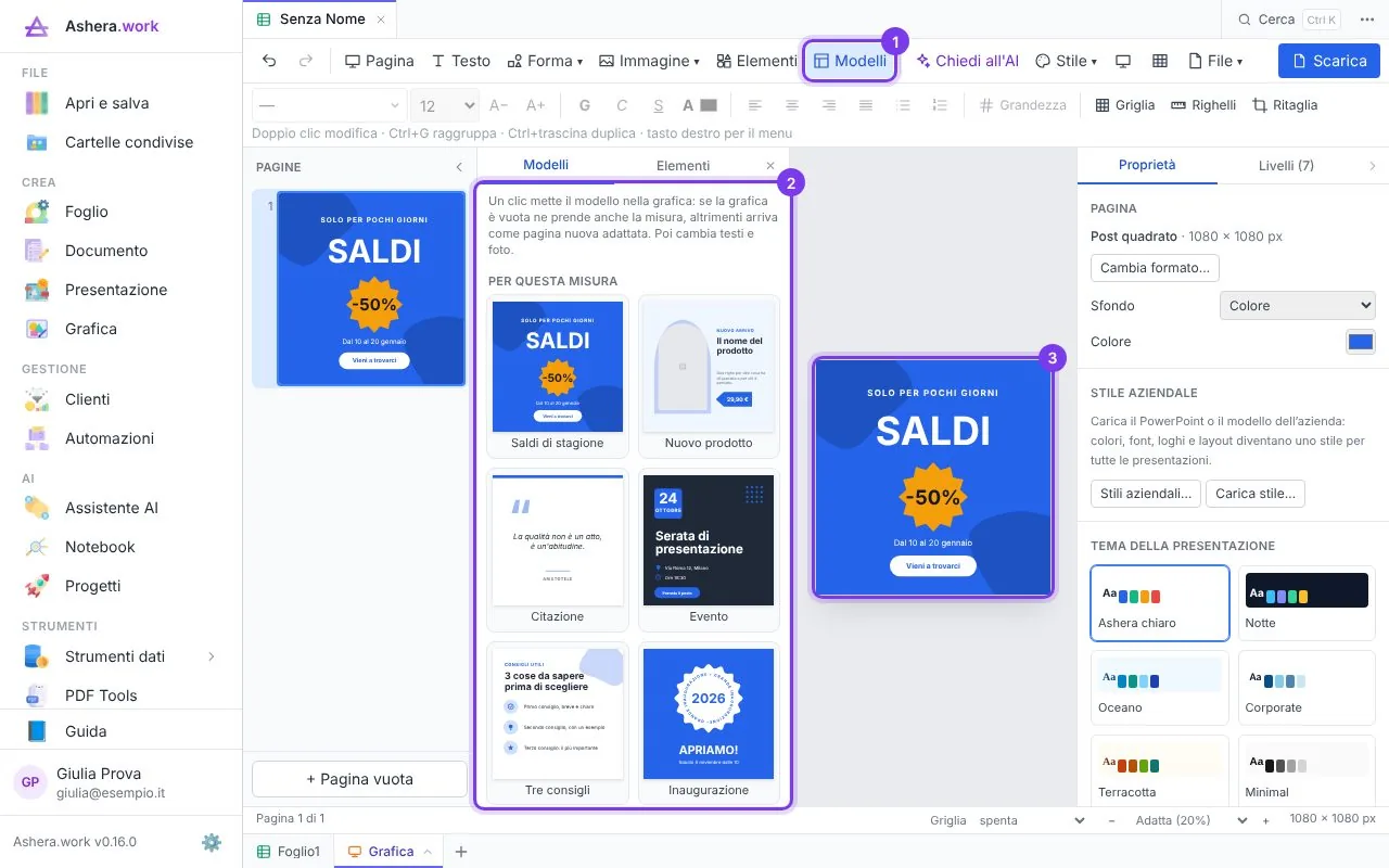 Il pannello Modelli dell'editor Grafica con post e volantini già impaginati da scegliere