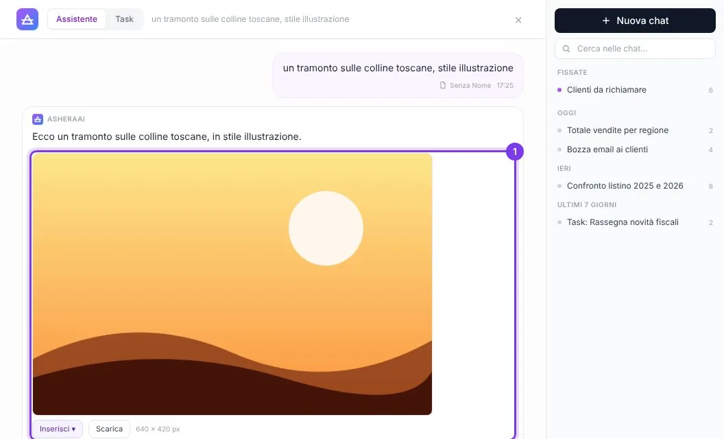 Un'immagine creata dall'Assistente nella chat, con i pulsanti per scaricarla o inserirla in un file