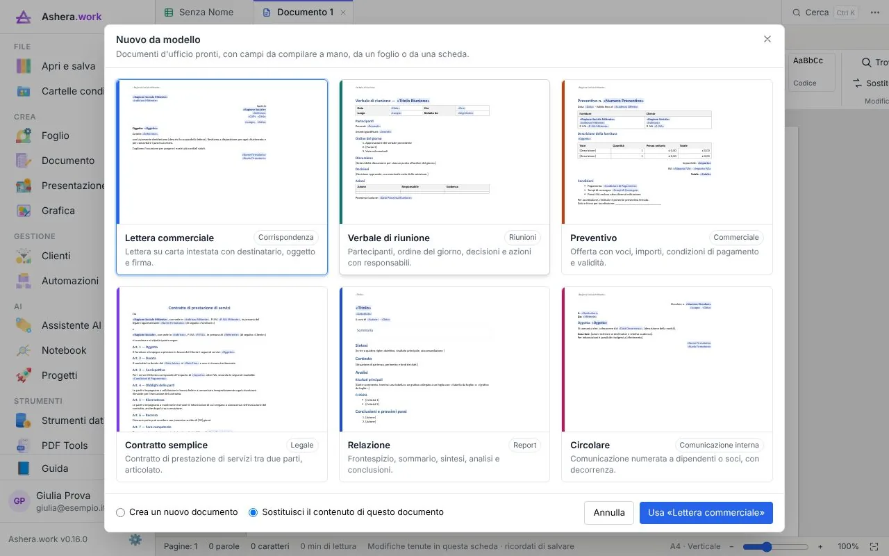 La finestra Nuovo da modello con lettera commerciale, verbale di riunione, preventivo, contratto semplice, relazione e circolare