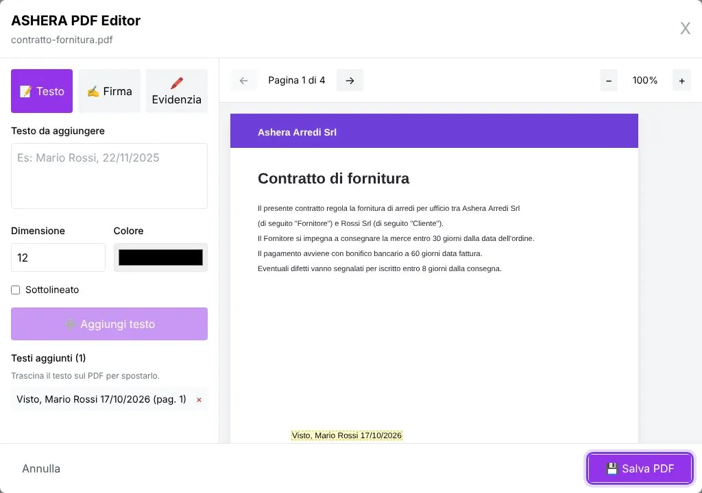 L'editor Modifica PDF con le schede Testo, Firma ed Evidenzia e il testo «Visto, Mario Rossi 17/10/2026» aggiunto sulla prima pagina di un contratto
