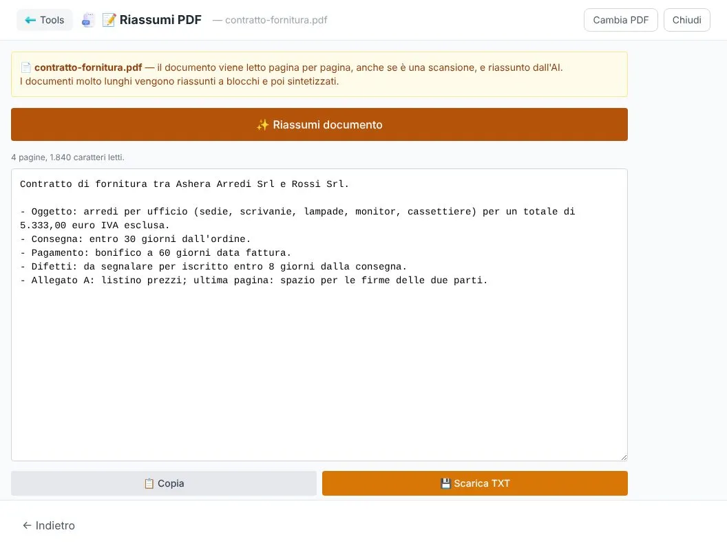 Lo strumento Riassumi PDF con il riassunto in punti di un contratto di fornitura e i pulsanti Copia e Scarica TXT