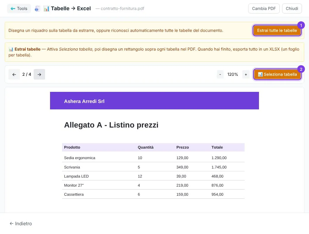 Lo strumento Tabelle → Excel su un listino prezzi in PDF, con i pulsanti Estrai tutte le tabelle e Seleziona tabella