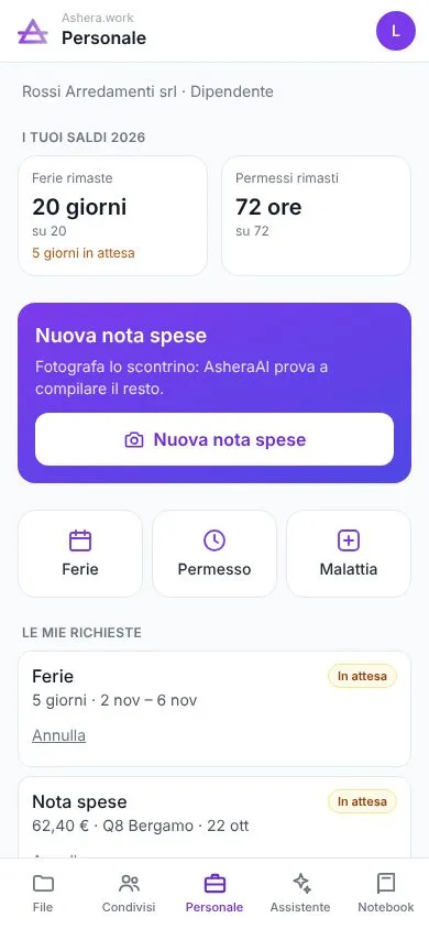 Personale sul telefono: i saldi di ferie e permessi, il pulsante Nuova nota spese per fotografare lo scontrino, i pulsanti Ferie, Permesso e Malattia e le richieste in attesa