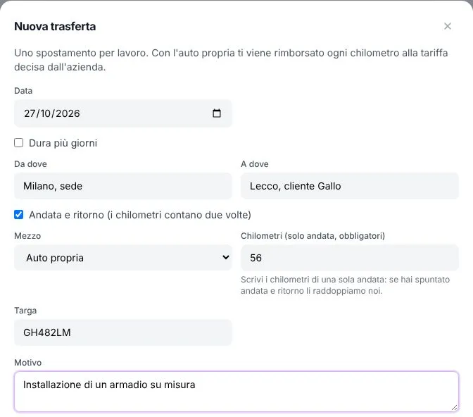 Il modulo Nuova trasferta con data, da Milano sede a Lecco cliente Gallo, andata e ritorno spuntato, mezzo Auto propria, 56 chilometri, targa e motivo