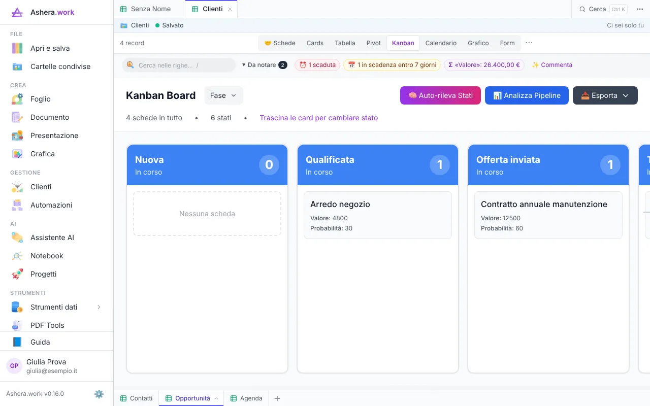 Le opportunità del file Clienti in vista Kanban, con le colonne Nuova, Qualificata e Offerta inviata e le trattative con valore e probabilità