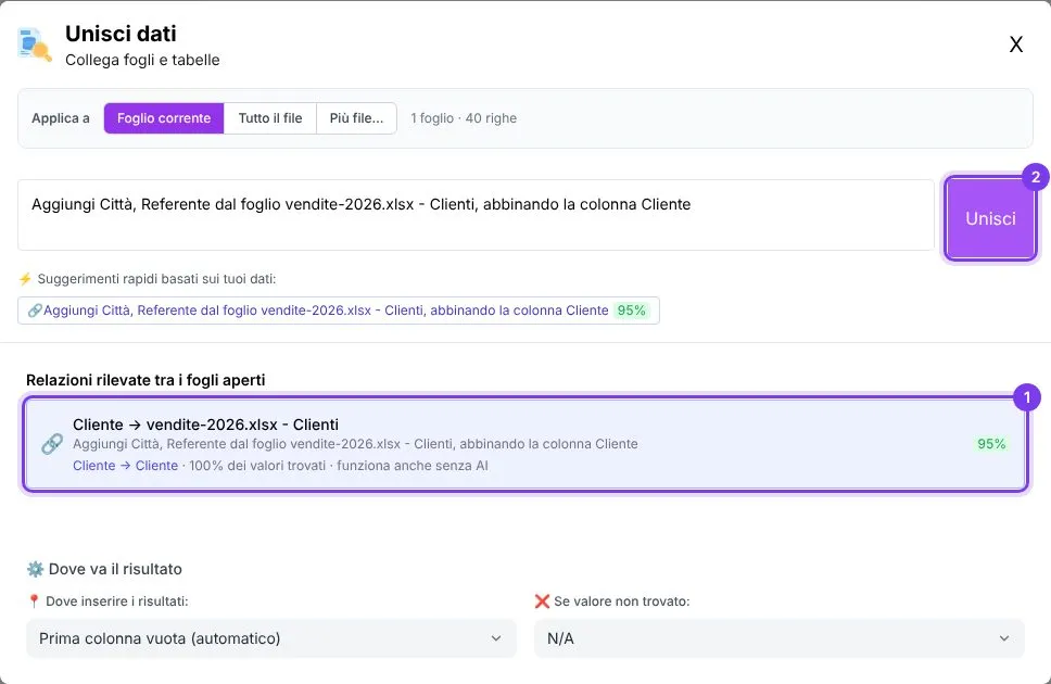 La finestra Unisci dati con la relazione Cliente proposta da sola tra due fogli aperti, il 100% dei valori trovati e il pulsante Unisci