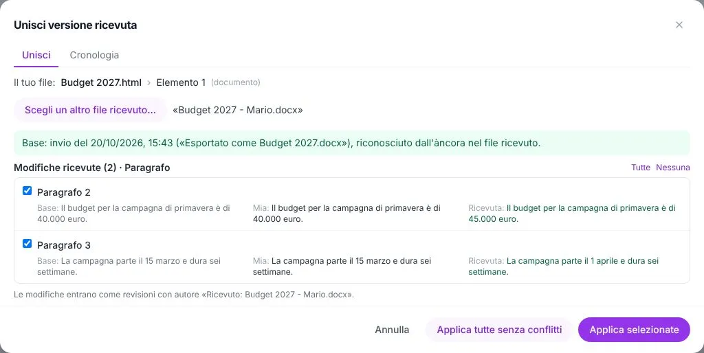 La finestra Unisci versione ricevuta con la base riconosciuta dal file ricevuto e due paragrafi modificati, ognuno con il testo di base, il mio e quello ricevuto